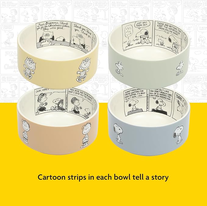 Peanuts Snoopy Bonbon Bites 4-Piece 5.5-Inch Decorated Stoneware Ceramic Stackable Bowl Set, Microwave & Dishwasher Safe Snack and Dessert Bowls