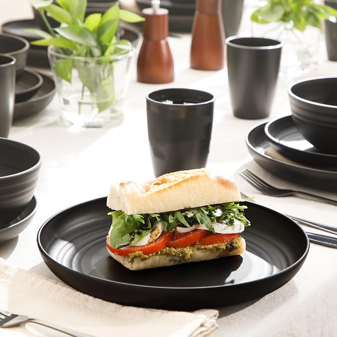 Gibson Home Plates and Bowls Set, 32 Piece Wheat Straw Dinnerware for 8 | Carmel Haze Collection - Dishes, Dishware, Matte Black, Tumblers, Unbreakable, Lightweight, Dishwasher Safe