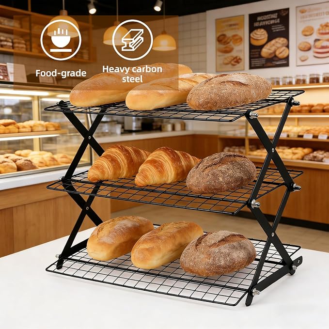 3 Tier Collapsible Cooling Rack Sourdough Cooling Rack 17"x10" | Cooling Racks for Cooking and Baking, Roasting, Grilling, Adjustable 6 Setting Design stackable, Oven & Dishwasher Safe