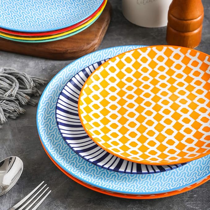 Selamica 8 inch Porcelain Dinner Plates, Large Size Serving Plate for Salad, Pancakes, Steak, Set of 6, Assorted Colors