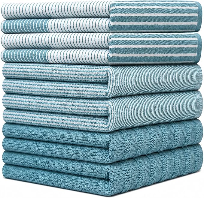 Premium Kitchen Towels 6 Pack 100% Cotton, 20"x28" Dish Towels - Aqua | Large Flat & Terry Kitchen Linen Set with Hanging Loops, Highly Absorbent for Washing and Drying Dishes