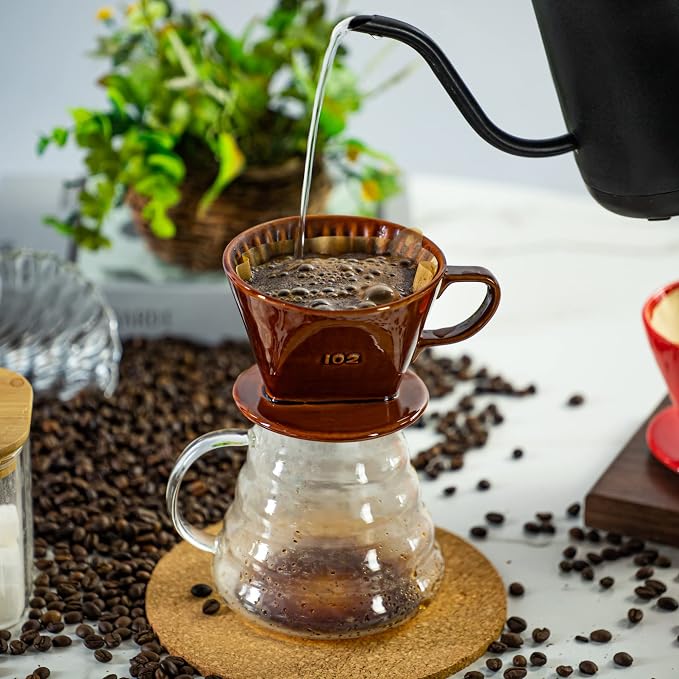 Pour Over Ceramic, Coffee Dripper Ceramic Coffee Maker,Brown | 3 Holes Flat Bottom, Porcelain Slow Filter Cone for Travel, Camping, Office, Home, Coffee Maker Brew