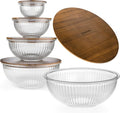 Stackable Space-Saving Set of 5 Nesting Glass Bowls with Acacia Lids for Foodprep, Storage, Mixing & Cooking - Microwave & Oven-ready BPA Free Durable Heat Resistant Inert Borosilicate Glass