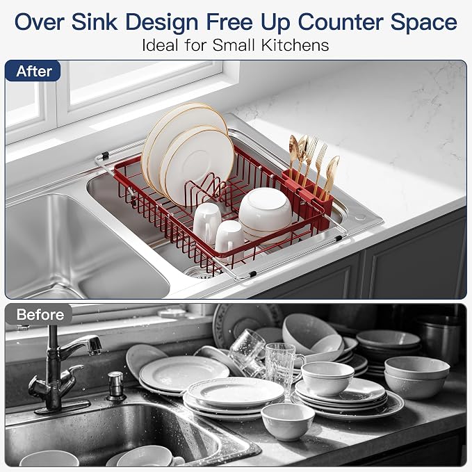 JASIWAY Red Dish Drying Rack Over the Sink with Utensil Holder | Expandable Stainless Steel Dish Driainers for Small Kitchen, Counter Space Saving, Fast Drain, Rust Resistant, For Apartment