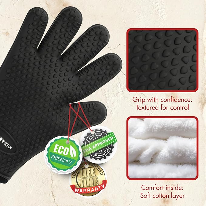 KITCHEN PERFECTION XL Silicone Pizza Oven Gloves Heat Resistant Oven Mitts | Waterproof, 5-Finger Design For A Better Grip, for Outdoor & Indoor Pizza Ovens, Compatible with Ooni, Ninja, Gozney & More