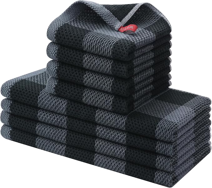 Homaxy Kitchen Towels and Dishcloths Set, Set of 8, Black & Grey | Bulk Cotton Waffle Weave Check Plaid Kitchen Towels, Super Soft and Absorbent Dish Cloths, 12 x 12 and 13 x 28 Inches