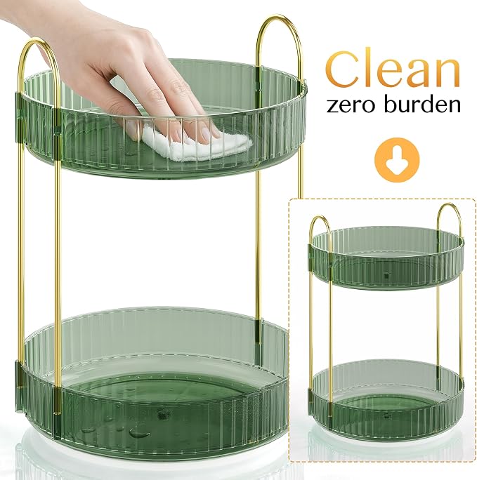 Rotating Makeup Organizer Countertop, 2 Tier, Green | Skincare Organizers, Spinning Perfume Tray Stand, Makeup Storage Organizer for Vanity, Bathroom Organizer, Lazy Susan