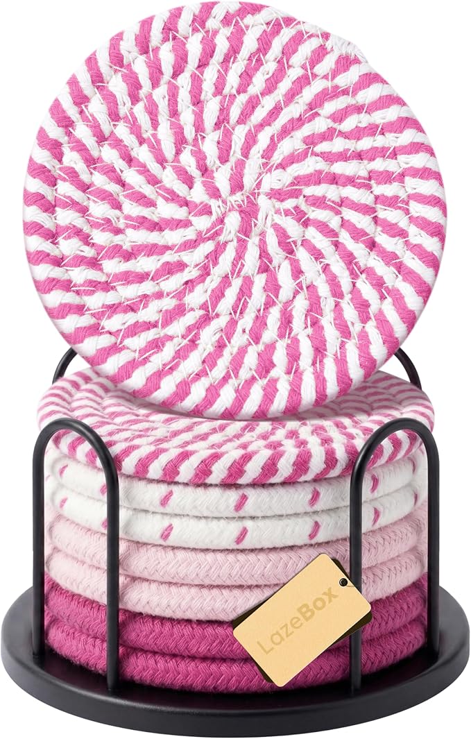 Lazebox Coasters Set of 8 for Drinks, 4 Inch Large Coasters for Coffee Table, Tabletop Protection for Hot & Cold Drinks, Versatile Coasters for Home Decor, Non-Slip & Easy to Clean, Pink