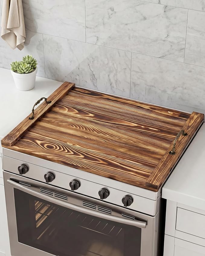 Natural Wood Noodle Board Stove Cover, Wooden Stove Top Cover for Electric and Gas Stove, Decorative Rustic Kitchen Serving Tray