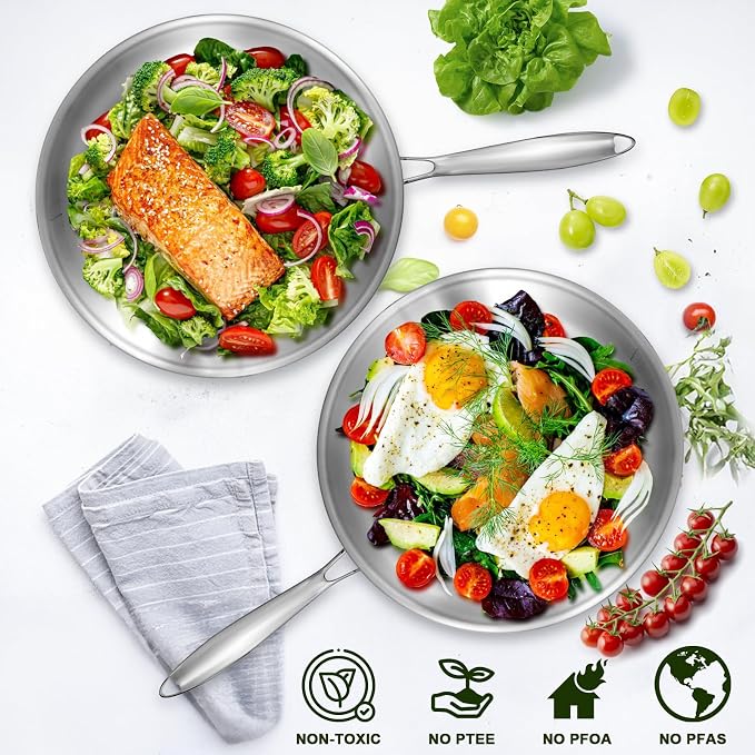 EWFEN 12 Inch Tri-Ply Stainless Steel Frying Pan, Compatible with All Cooktops Up to 600℉, Large Frying Pan with lids, Induction-Ready Skillet, Dishwasher and Oven Safe, Even Heat, 12" Skillet + Lid