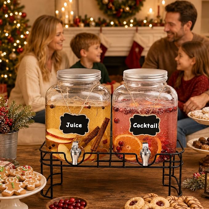 1 Gallon Glass Drink Dispensers For Parties-Set of 2,Leak-Proof Spigot | 4L Drink Dispenser with Fruit Infuser & Stand,Juice or Beverage Dispenser for BBQ,Picnic,Weddings,Lemonade Stand Supplies