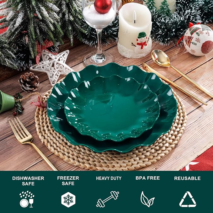 LIYH 50 Pcs Christmas Plastic Plates - Green Scalloped Plates Unbreakable | Holiday Dishes Reusable Dishwasher Safe BPA Free for Christmas Day(25Guests)