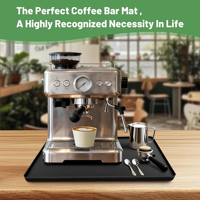 16-inch Coffee Mat - Heat Resistant Silicone for Coffee Bar & Kitchen Counter - Bar Mat for Countertops - Decor Under Espresso Machine & Makers (Black)