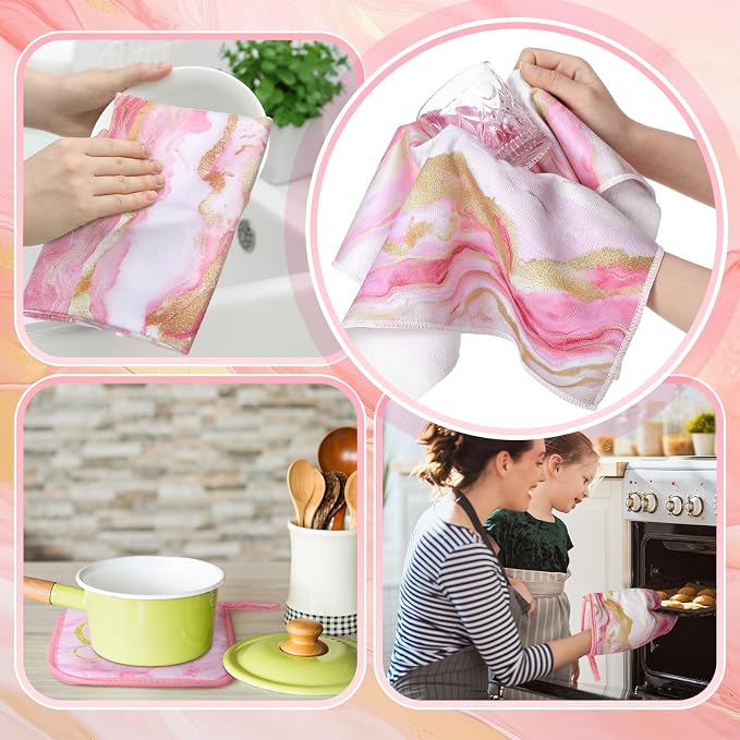 Leinuosen Pink and Gold Marble 8 Pcs Kitchen Towels and Dishcloths Sets Oven Mitts and Pot Holders Absorbent Kitchen Gloves Potholders Heat Resistant for Chef Baking Cooking