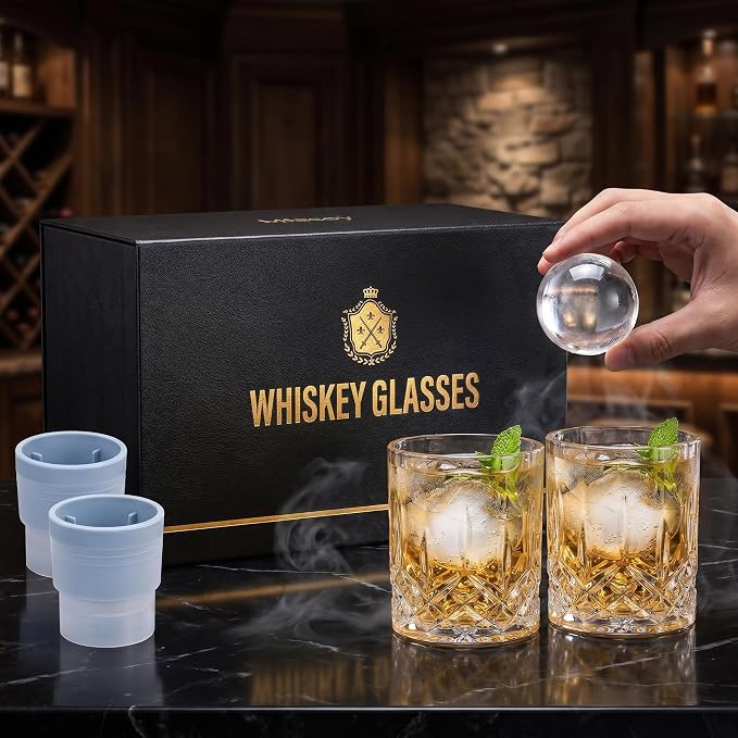 Qipecedm® Old Fashioned Whiskey Glasses, Set of 4 (2 Crystal Bourbon Glasses, 2 Round Big Ice Ball Molds) In Gift Box - 11 Oz Rocks Glass, Barware for Scotch Cocktail Rum Vodka Liquor, Gifts for Men