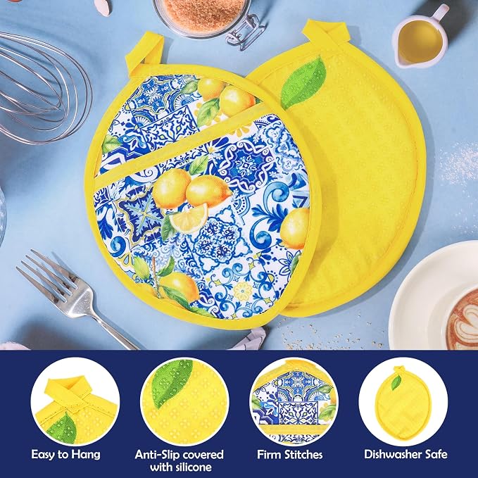 AnyDesign 2Pcs Yellow Lemon Pot Holders Heat Resistant Cotton Hot Pad Non-Slip Potholder Oven Mitt Blue Porcelain Floral Trivet Mat for Kitchen Cooking Baking, 7" x 9"
