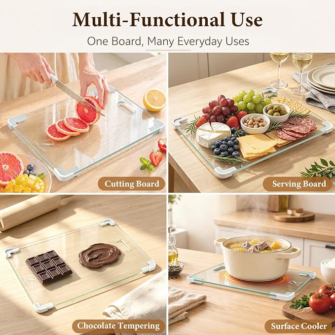 16x12 Clear Tempered Glass Cutting Board for Kitchen, Dishwasher Safe | Non-Slip Corner Guards, Shatter-Resistant, Scratch-Resistant, Food-Safe & Non-Toxic Large Chopping Board