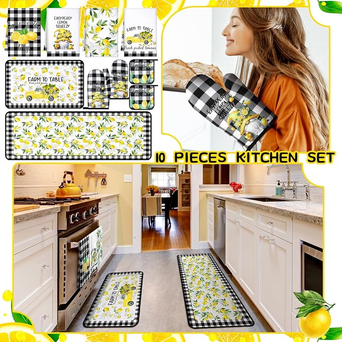 Fourluoo 10 Pcs Lemon Kitchen Decor Set Dish Towels Kitchen Rugs Oven Mitts and Pot Holders for Cooking Baking Grilling Women Mom Gift