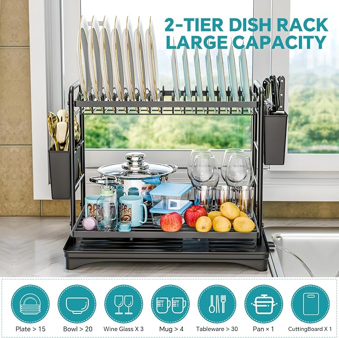 Simple Trending Dish Rack, Dish Drying Rack 2 Tier, Stainless Steel Dish Drainers with Utensil Holder and Drainboard for Kitchen Sink Organizers, 11.875" W x 16.625" D, Black