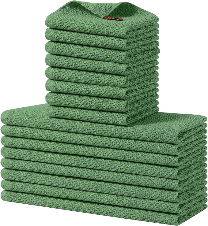 Homaxy 16 Pack 100% Cotton Kitchen Towels and Dishcloths Set, Grass Green | 12 x 12 Inches and 13 x 28 Inches Kitchen Towels Set, Ultra Soft Absorbent Dish Cloths for Washing Dishes