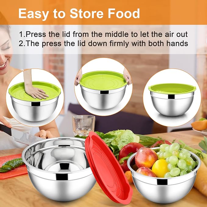 E-far Mixing Bowls with Lids Set, 6-Piece Stainless Steel Salad Bowls | Metal Nesting Cooking Bowls with Airtight Lid for Kitchen Storage, Baking & Prepping, Dishwasher Safe, 1.5/3/4.5 QT, Colorful