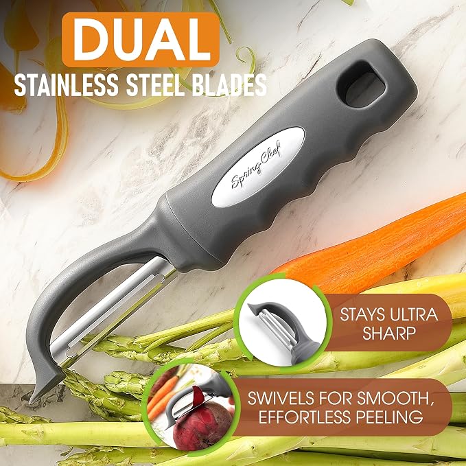 Spring Chef Swivel Potato Peeler for Kitchen with Ergonomic Handle, Gray | Premium Vegetable Peeler w/ Sharp Stainless Steel Blades, Multifunctional Food Peeler for Apple, Carrot, Cucumber, Fruit