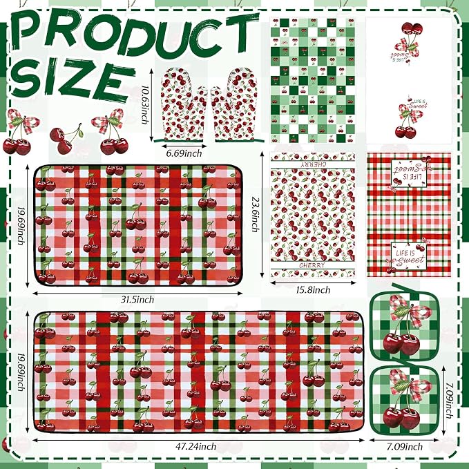 Fourluoo 10 Pcs Cherry Kitchen Decor and Accessories Set Cherry Kitchen Towels and Rugs Pot Holders Oven Mitts Set for Cooking Baking Mom Housewarming Gifts