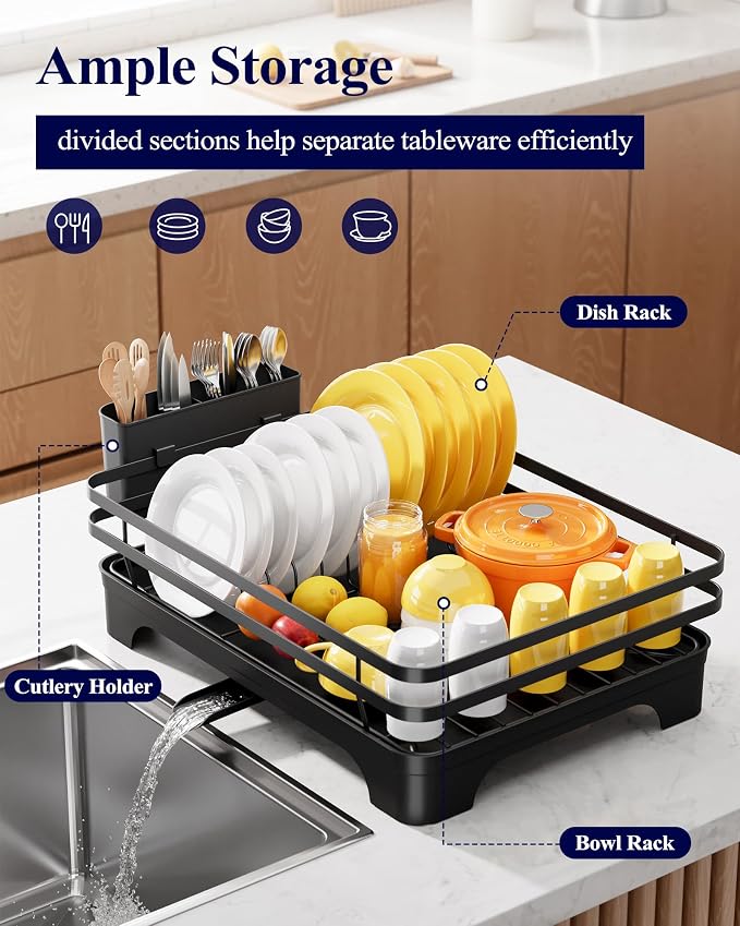 Kitsure Multi-Functional Dish Drying Rack, 15.7" x 12.0" x 5.5", Black | Dish Rack for Kitchen Counter with Cutlery Holder, Rust-Proof Drying Rack Kitchen, Kitchen Sink Organization