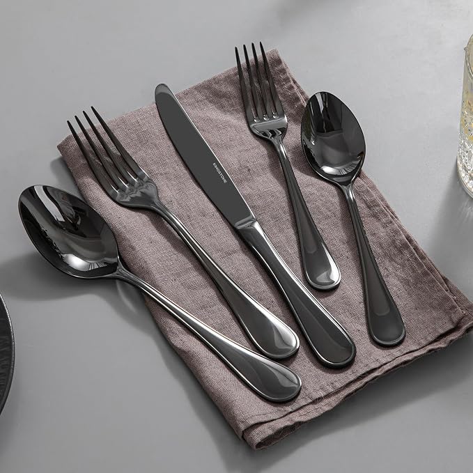 18/10 Stainless Steel Silverware Set for 8, 40 Piece Black Flatware Set | KINGSTONE Teardrop Heavy Cutlery Set, Mirror Polished Knives Fork Spoons Utensils, Dishwasher Safe for Home Kitchen Wedding