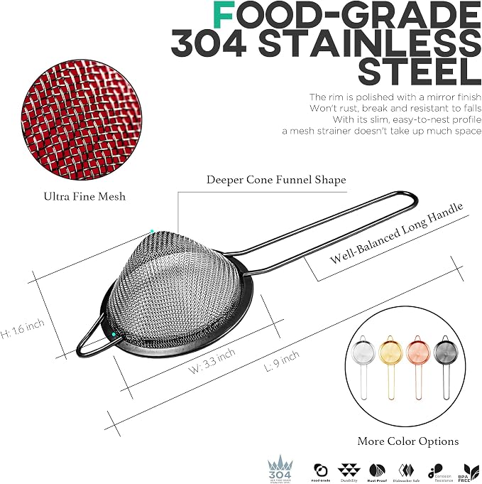 Homestia Kitchen 304 Stainless Steel Fine Mesh Strainer For Kitchen - Sieve Sifters For Food, Tea, Rice, Oil, Noodles, Fruits, Vegetables - Rust-Proof Drink Strainer (Black, 2 Pieces)