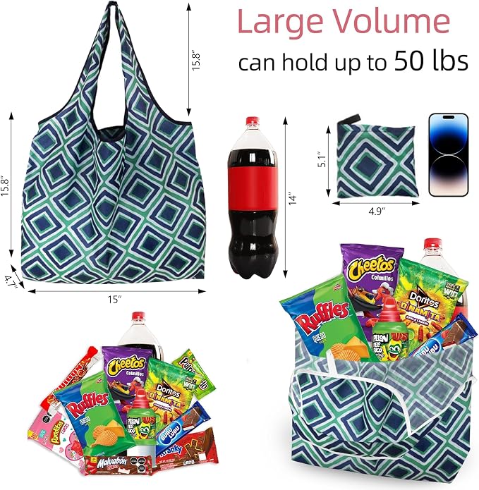 Foldable Reusable Shopping Bags,6 Pack Heavy Duty Tote for Grocery | Lightweight Polyester, machine washable. Compact fold fits in purse. Sturdy 50lb capacity. Great for groceries&travel,Beach
