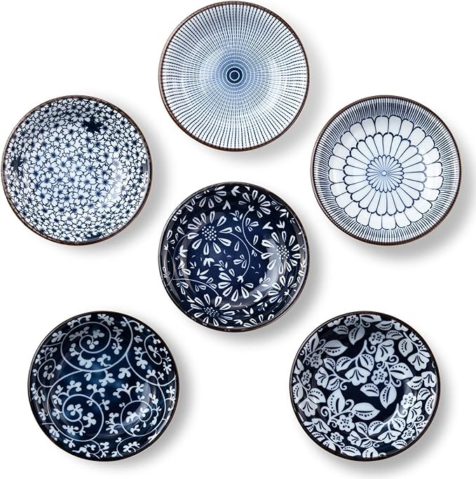 Eisinly 6 Pack Dipping Bowls,3 OZ Small Ceramic Soy Sauce Dish,Vintage Blue | 4 Inch, Blue-white Glaze, Shiny, Safe, Dishwasher Safe, for Seasonings, Sushi & BBQ
