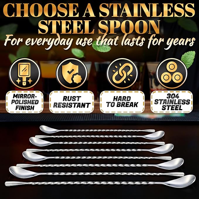 8 Pcs Bar Spoons Set, 12" Long, Twisted Spiral, 304 Stainless Steel | Bar Mixing Spoon Set; Dishwasher Safe, Polished; Sugar Spoon for Cocktails, Coffee, Milkshakes, Smoothies, and Coffee Shop