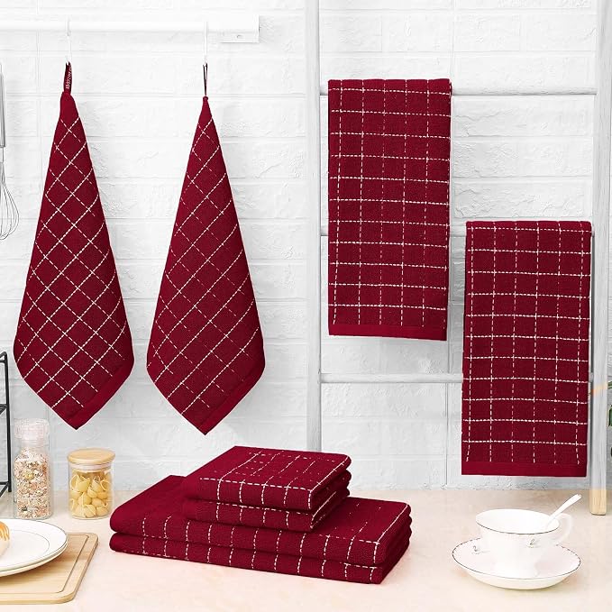 Homaxy Kitchen Towels and Dishcloths Set, Set of 8, Brick Red | Bulk Cotton Terry Kitchen Towels, Checkered Designed, Soft and Super Absorbent Dish Towels, 12 x 12 and 13 x 28 Inches