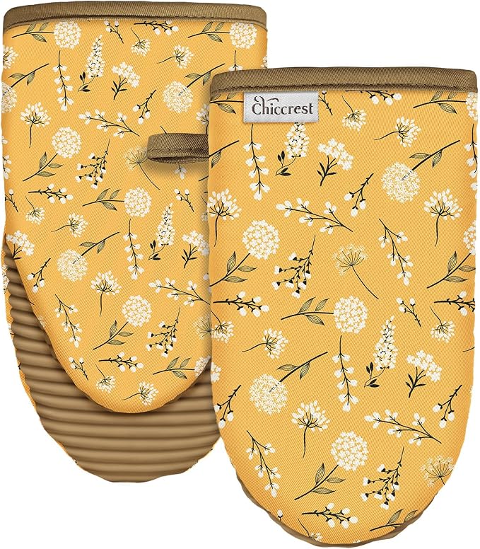 100% Thick Cotton Oven Mitts Ribbed Soft Silicone Yellow Flower | Aesthetic Oven Mitts for Women, Machine Washable Non-Slip Kitchen Mitts, Reversible for Both Hands, Stylish Kitchen Decor