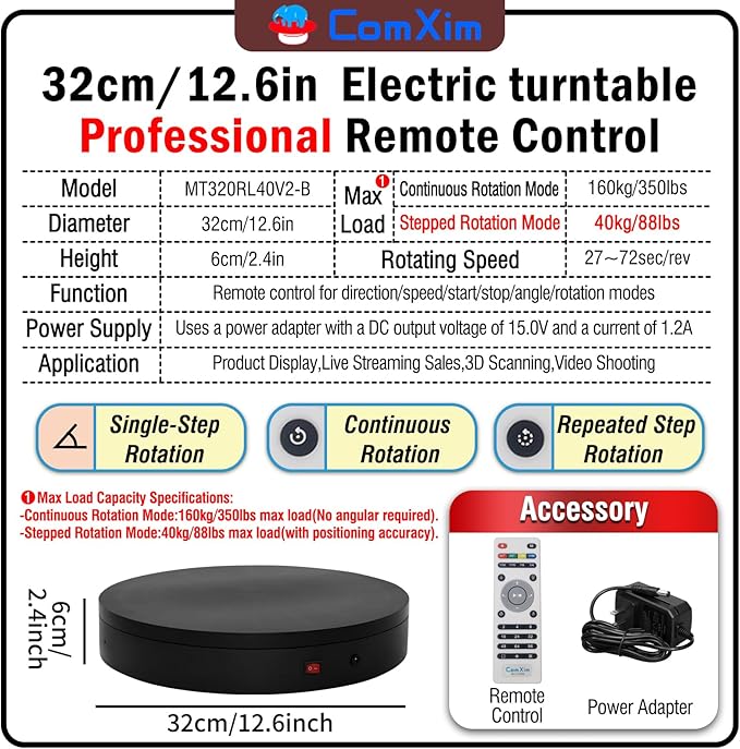 32cm Rotating Platform, 350lbs Capacity Motorized Electric Turntable, Heavy Duty Motorized Rotating base, Large Motorized Rotating Display Stand,Photography Turntable for Photography,Exhibition