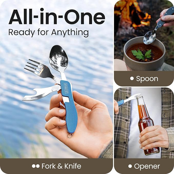 Orblue 4-in-1 Camping Utensils, 1-Pack, Portable Stainless Steel Spoon, Fork, Knife & Bottle Opener Combo Set - Travel, Backpacking Cutlery Multitool, Blue