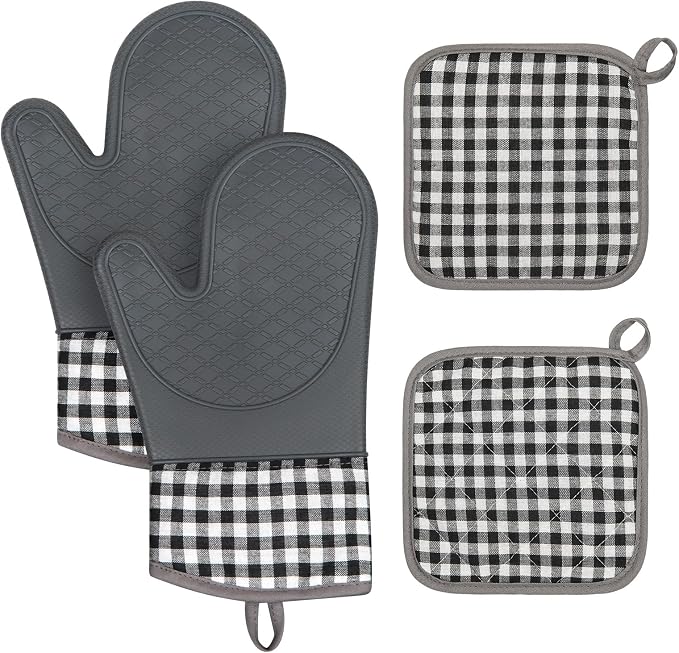 Tifanso 4PCS Heat Resistant Silicone Plaid Oven Mitts & Pot Holders, Grey | Non-Slip Grip Surface, Soft Cotton Lining, Ideal for Cooking Baking Grilling, Easy to Clean, Practical Kitchen Essential