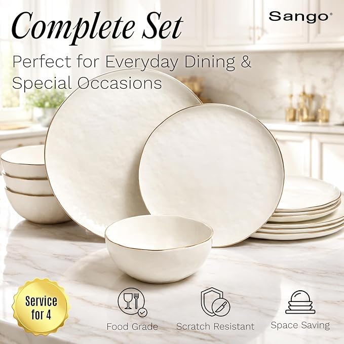 Sango 12-Piece Lightweight Porcelain Dinnerware Set for 4, Glossy Vanilla White Plates and Bowls Sets, Gold Rims, Farmhouse Ceramic Dish Set, Rustic Dishes, Microwave and Dishwasher Safe, Gansevoort