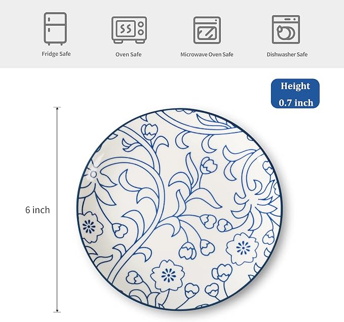 Selamica Ceramic Dessert Plates Set of 6, 6 Inch Small Plates, Vintage Blue | Appetizer Plates for Kitchen, Microwave & Dishwasher Safe