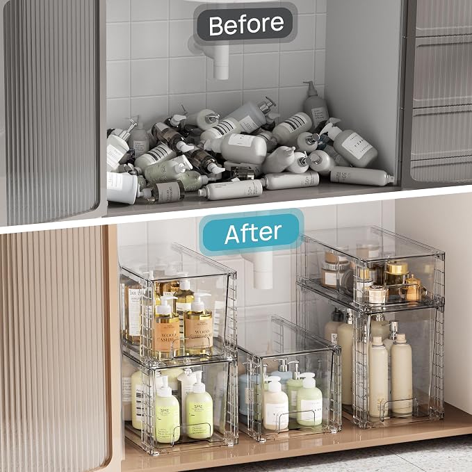Vtopmart Clear Stackable Storage Drawers, 6 Pack Tall Organizer Set | Tall, Medium and Small Pull-Out PET Drawers with Stackable Design for Bathroom Under-Sink Storage and Vertical Organization