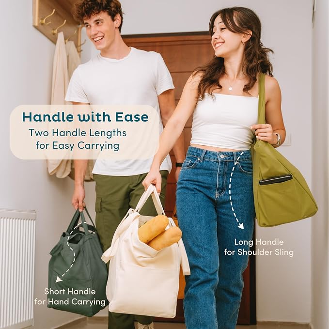Nook Theory 3-Pack Reusable Grocery Bags - Heavy Duty, Large 12 Oz Cotton Canvas Reusable Shopping Bags With Pockets, 100% Cotton Cloth Grocery Totes, Foldable Multi Compartment (Deepblue)
