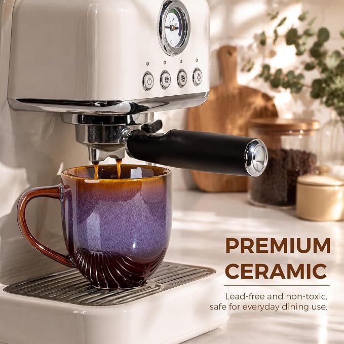 theterra Ceramic Coffee Mugs Set of 6, 12 oz Coffee Cups with Handle | Handmade, Suitable for Latte, Tea, Milk, Beer & Hot Cocoa, Amber Amethyst