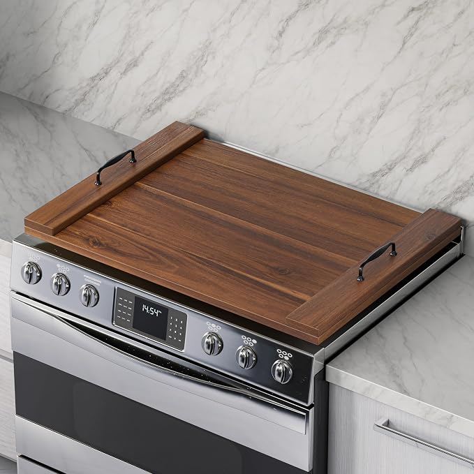 Bluewest Gas Stove Burner Covers, Wooden Noodle Board with Handle, Walnut | Extra-thick wooden RV stovetop and sink cover doubles as a tray, creating extra kitchen counter space for prep and serving.