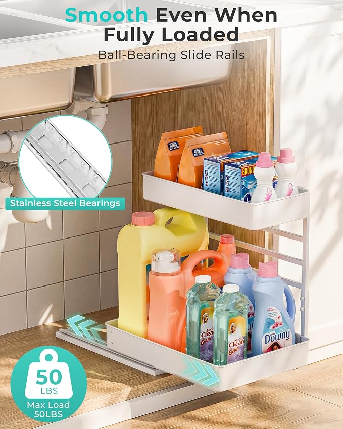 EVERIE Height Adjustable 2 Tier Metal Pull Out Slide Shelf Organizer for Framed or Frameless Under Sink Cabinets in Kitchen, Bathroom, with Snap-on Top Tray (White, 2 Sets)