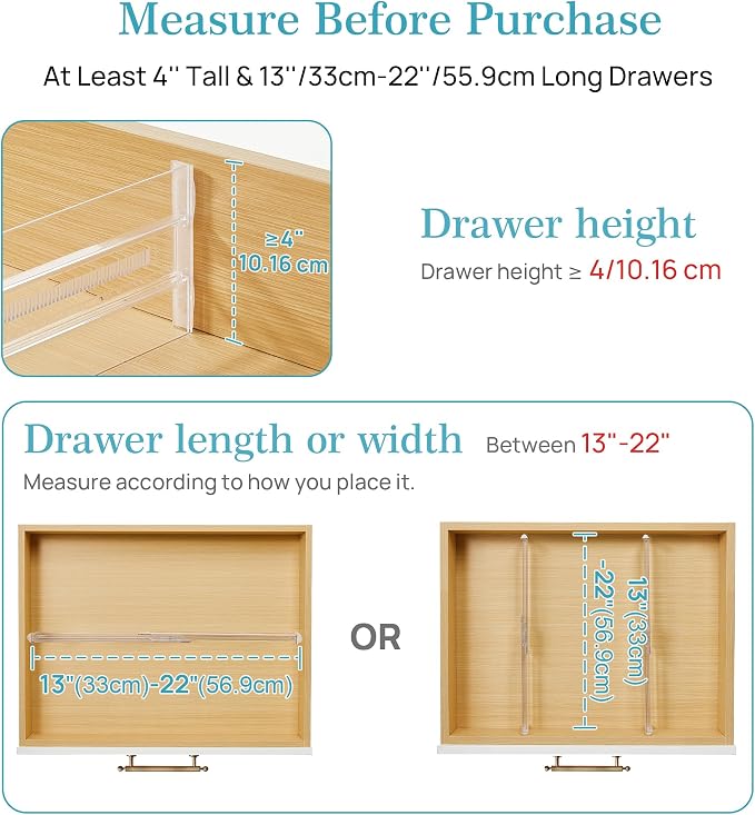 Vtopmart 4" High Drawer Dividers for Clothes, 13"-22" Adjustable, 8 pack | Expandable Dresser Drawer Organizer, Clear Plastic Separators for Dresser, Baby Clothing, Underwear, Cosmetic, Toiletries