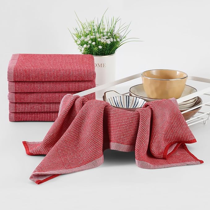 Homaxy 380 GSM Cotton Premium Kitchen Towels 8 Pack, 18"x 28", Red | Flat and Terry Dish Towels, Highly Absorbent Tea Towel Set with Hanging Loop, Soft Utility Kitchen Hand Towels