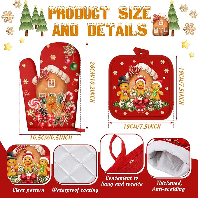 SiliFine 12 Pcs Christmas Kitchen Accessories Set Gingerbread Man Pot Holders Gingerbread House Oven Mitts Xmas Candy Kitchen Towels for Christmas Home Decorations, Cooking Baking Holiday Gifts