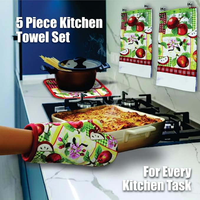 Red Apples on a Patchwork Quilt, 5 Piece Set | Kitchen Towel Set with 2 Decorative Dish Towels (25 X15), 1 Oven Mitt (11 X 7) and 2 Potholders (6.5 X 6.5)