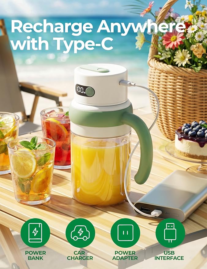 Portable Juicer Blender Cup, USB-C Rechargeable, Green | LED display, cordless use and dual lids for fruit drinks, protein shakes and small ice cubes; 500ml max blending.